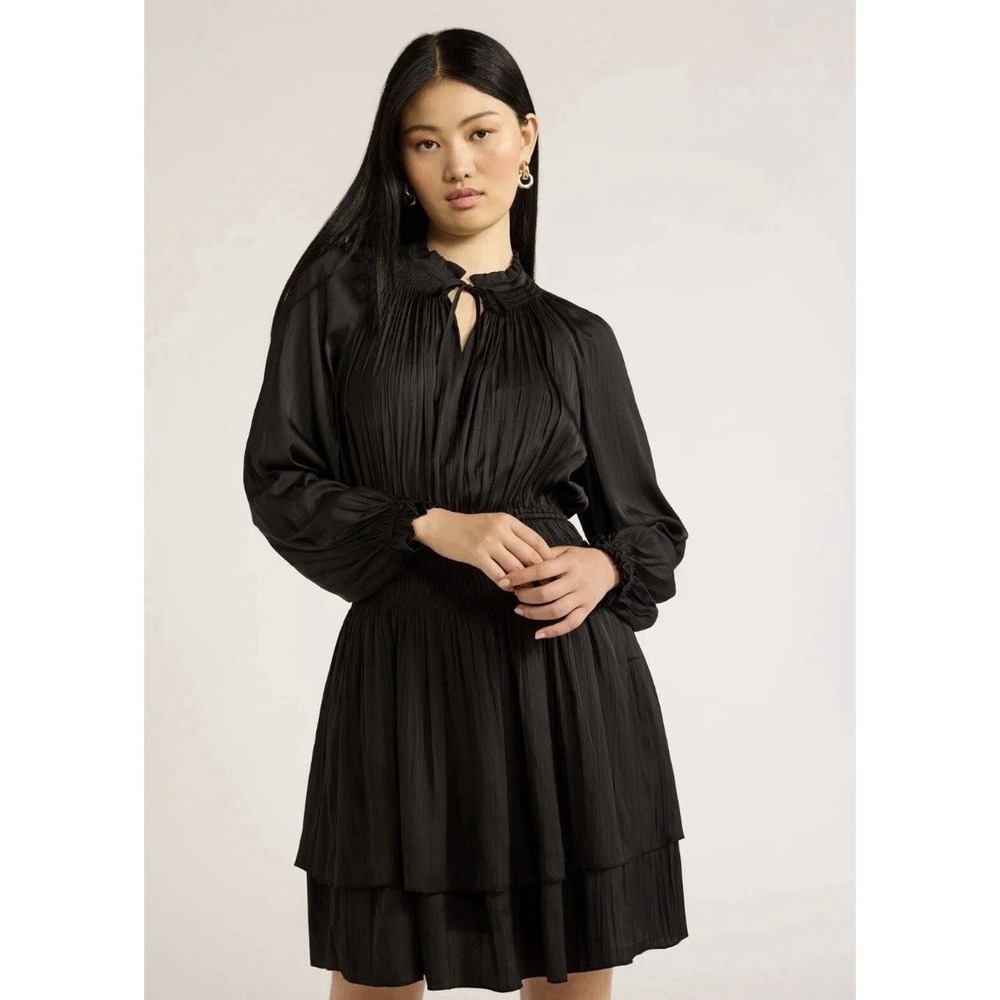 Scoop Black Long Sleeve Dress with Smocked Ruffles and Elastic Waist Size Small